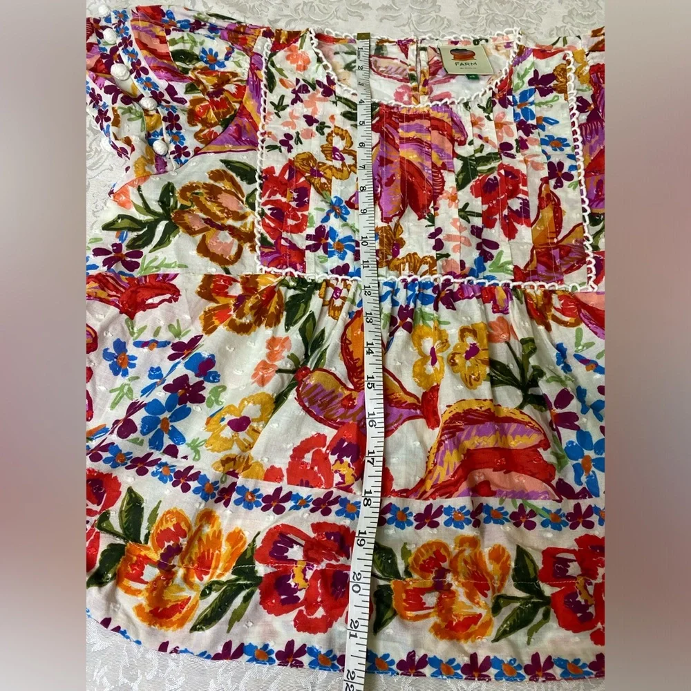 FARM Rio White Floral Embroidered Puff Sleeve Top with Multicolor Blooms